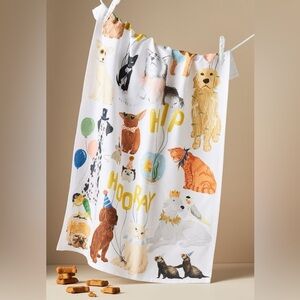 Anthropologie Doggy party Hooray Dish Towel New White Fabric